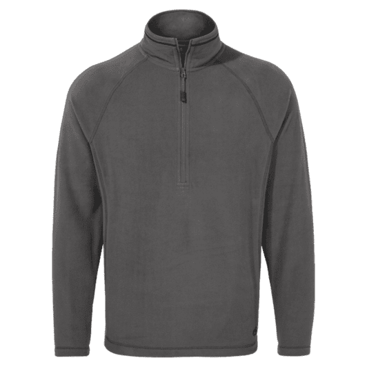 A grey fleece half zip jumper with a high collar and a logo. Suitable for workwear.