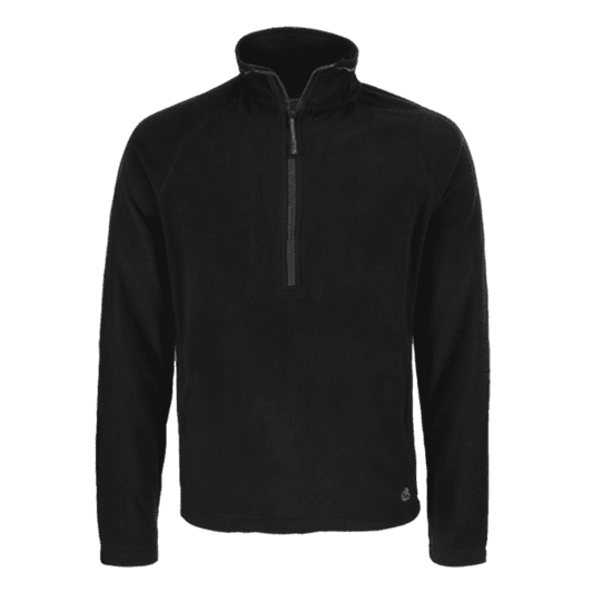 A black fleece half zip jumper, featuring long sleeves and a zippered collar. Includes a branding logo.