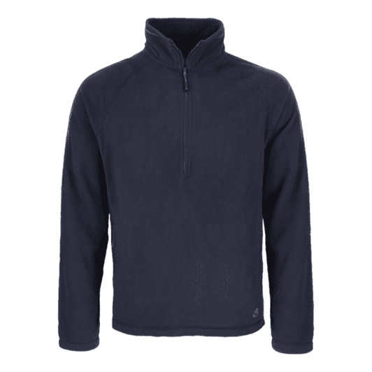 A navy fleece half zip jumper featuring a high collar and a subtle logo. Ideal for workwear.