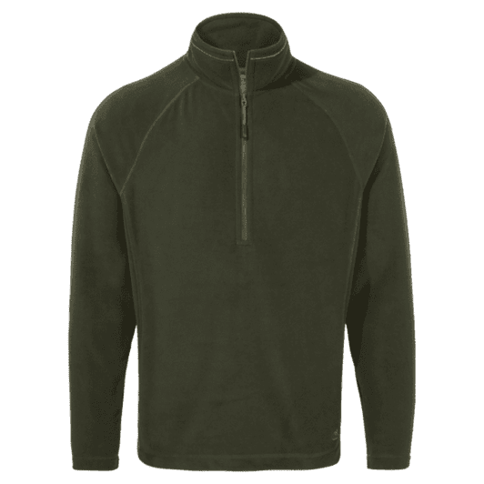 A green fleece half-zip jumper with long sleeves and a front zipper. It features a logo on the garment.