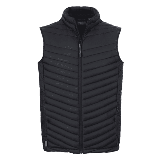 A black thermal vest with a zipped front and a high collar. It features a quilted design and a logo.