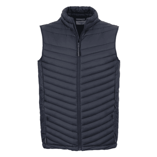 A navy thermal vest designed with a zip front and chevron quilted pattern, featuring a collar and branding.