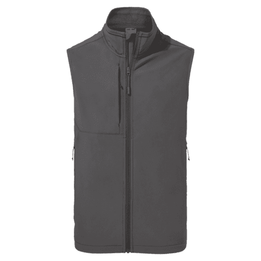 A softshell vest in dark grey, featuring a front zip and one chest pocket, with branding on the fabric.