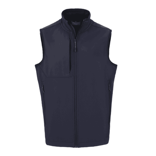 A navy blue softshell vest with a full zip and side pockets, featuring a logo on the front.