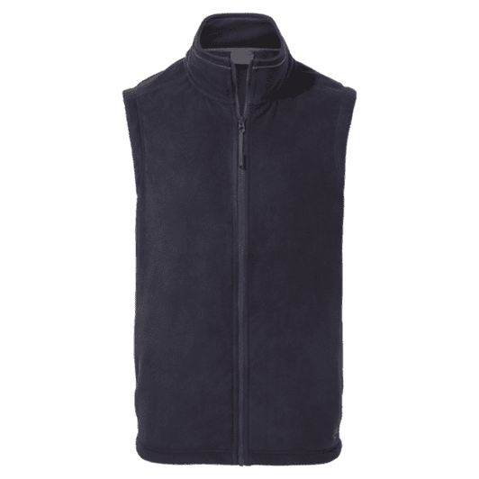 A navy fleece vest with a high collar and a front zipper. It features a logo on the fabric.