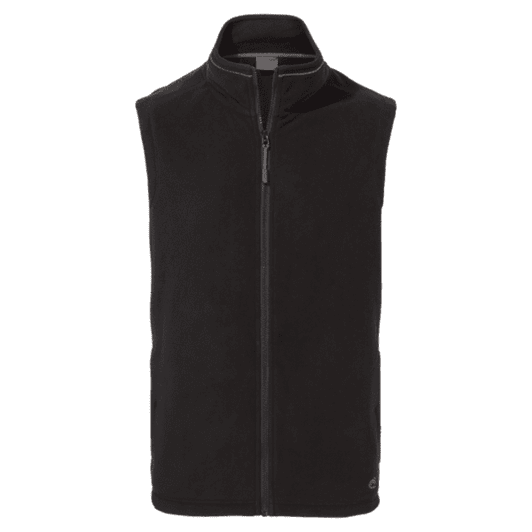 A black fleece vest featuring a high neck and a front zipper, with a logo on the lower side.