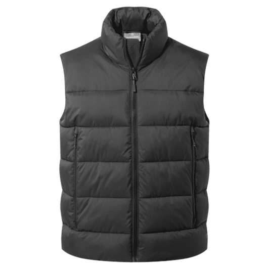 A black padded vest with a high collar, featuring front zip and side pockets. It has a logo on the chest.