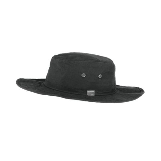 A black bucket hat with a wide brim and two ventilation holes, featuring a logo on the front.