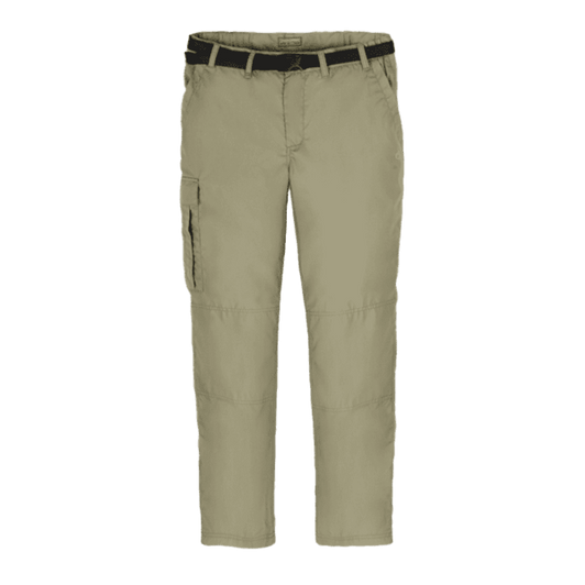 Khaki tailored trousers with a belt and side cargo pocket, designed for workwear. Features a logo on the waistband.
