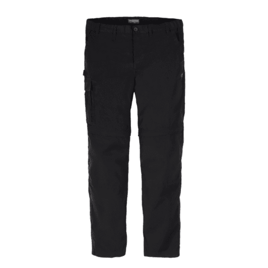 A pair of black tailored trousers with pockets, designed for workwear. The trousers feature a logo on the waistband.