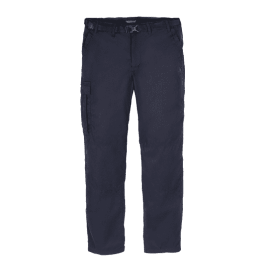Navy tailored trousers with multiple pockets and a fitted waistband, featuring a logo. Suitable for workwear.