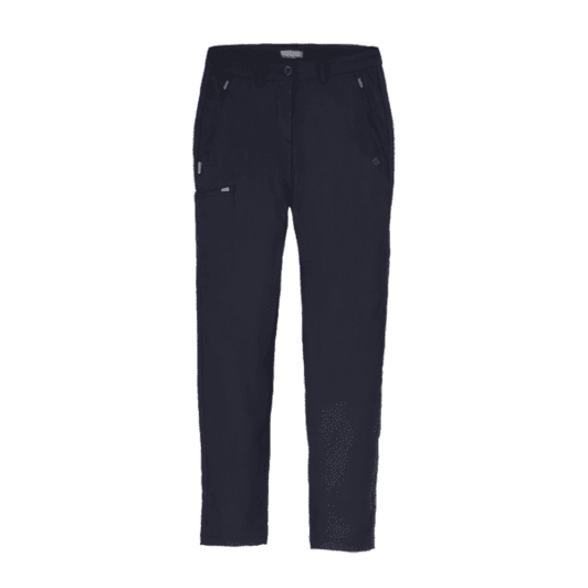 Navy women's trousers featuring multiple pockets and a logo, designed for comfort and stretch.