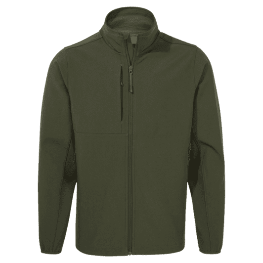 A softshell jacket in a dark green colour, featuring a zip front and multiple pockets. It has a logo on it.