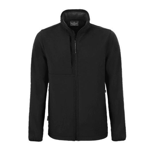 A black softshell jacket featuring a full zip and a front pocket, with a subtle logo on the chest.
