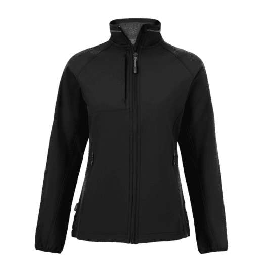 A women's softshell jacket in black with a full zip and zipped pockets, featuring a logo on one side.