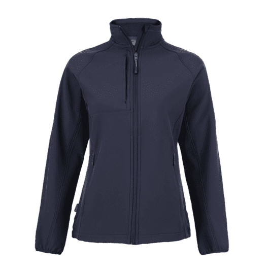 A women's softshell jacket in navy blue with a zippered front and pocket. Features a logo on the chest.