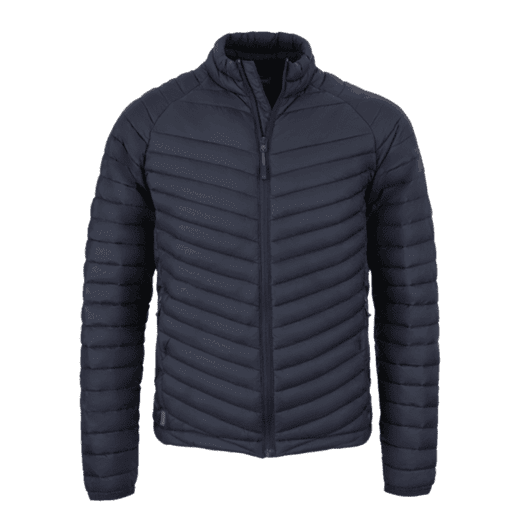 A puffer jacket in navy blue with a zip front and a chevron pattern. It features a collar and long sleeves.