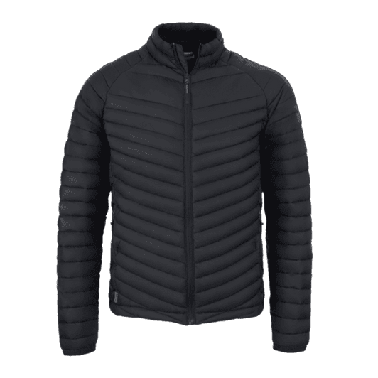 A black puffer jacket with a zip front and horizontal stitching, featuring a logo on the left side.