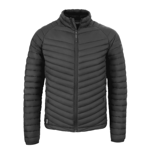 A black puffer jacket with a zip front and chevron pattern, featuring a logo on the left side.