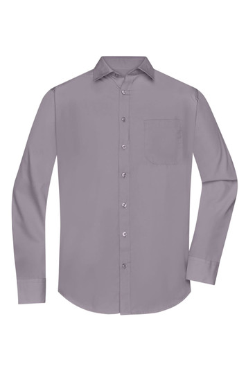 A long-sleeved men's poplin shirt in a soft grey hue, featuring a button-up front and a chest pocket.