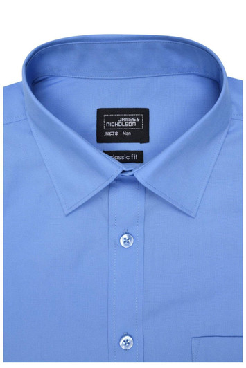 A light blue long-sleeve poplin button-up shirt with a collar and a logo on the tag.