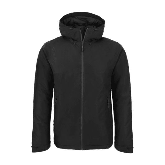 A black thermal insulated jacket with a hood and zippered front, featuring side pockets and a logo.