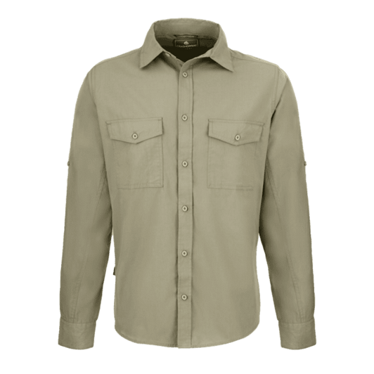 A khaki button-up shirt with a collar, featuring two chest pockets and long sleeves. Includes a logo.