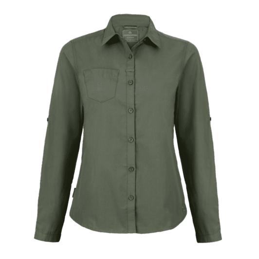 A women's long-sleeve shirt in khaki green with button-up front and chest pocket, featuring a logo.