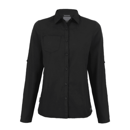 A black long-sleeve women's shirt featuring a button-down front and a chest pocket, with a logo on the side.