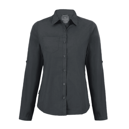 A long-sleeve women's shirt in dark grey, featuring a front pocket and a button-up design with a collar.