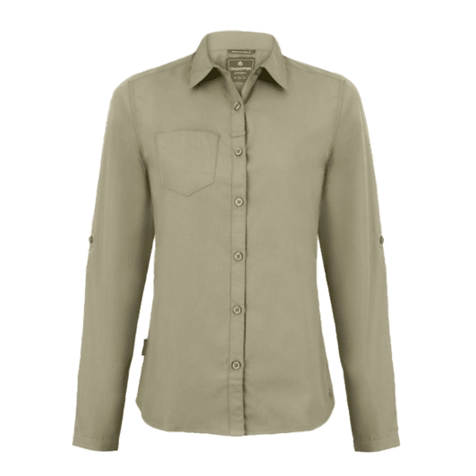 A long-sleeved women's shirt in green, featuring a chest pocket and a button-up front, with roll-up sleeves.