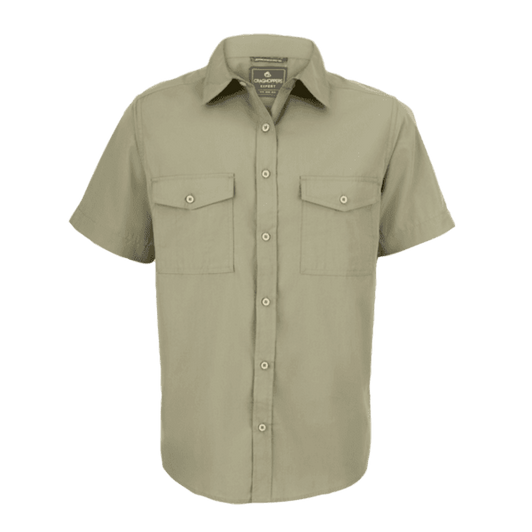 A short-sleeved shirt in olive green, featuring two chest pockets and a button-down front. It has a logo on the label.