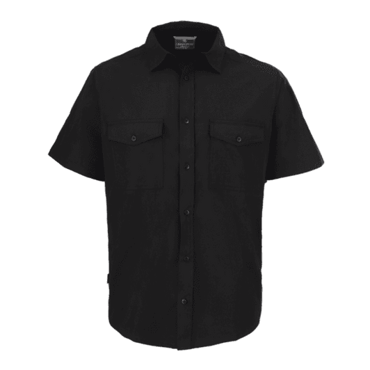 A short-sleeved black shirt featuring two chest pockets and a button-down front, with a logo on the label.