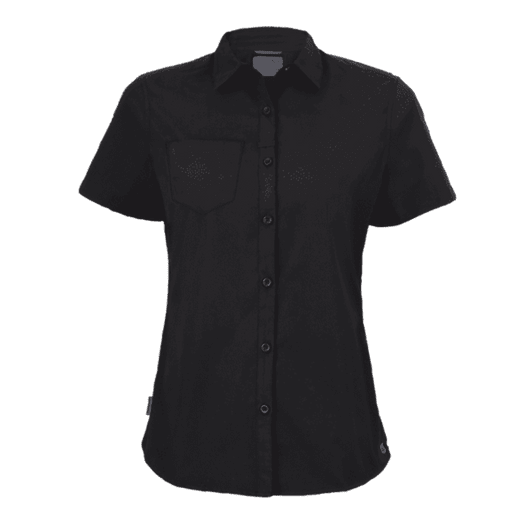 A women's short-sleeve shirt in black, featuring a button-up front and a single chest pocket. It includes a logo.
