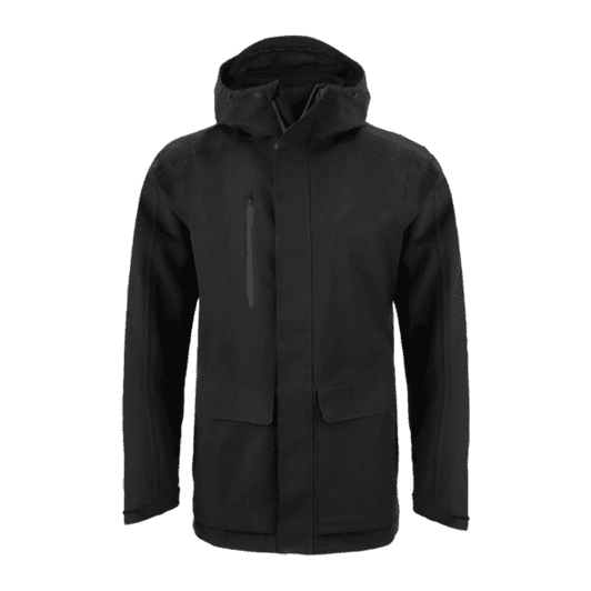 A black rain jacket with a hood, featuring front pockets and a zippered chest pocket. Includes a logo on the design.