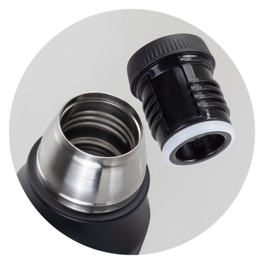 A drink bottle in matte black with a stainless steel top and a removable black cap. It has a logo on the body.