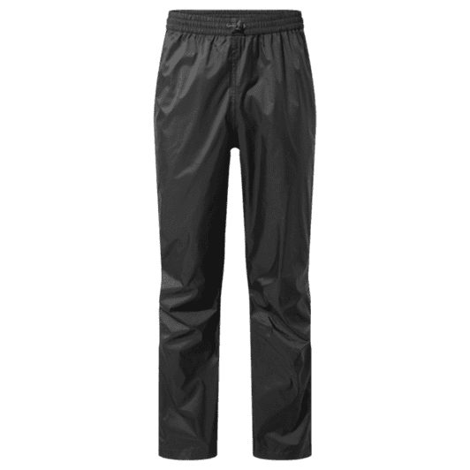 Packable over trousers in black, featuring an elastic waistband and a sleek, lightweight design.