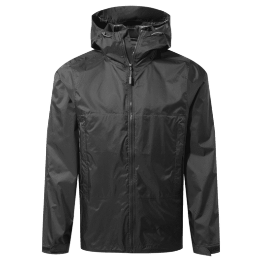 A packable jacket in black, featuring a hood and full front zip, with a logo on the chest.