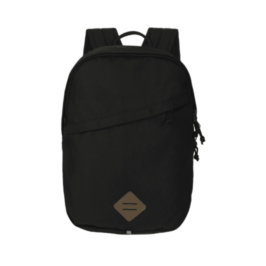 A black backpack with two shoulder straps and a logo on the front, featuring a sleek and minimalist design.
