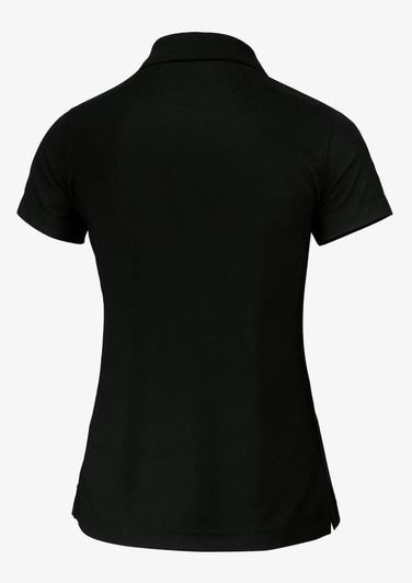 A black polo shirt for women featuring a collar and short sleeves, with a logo on the back.