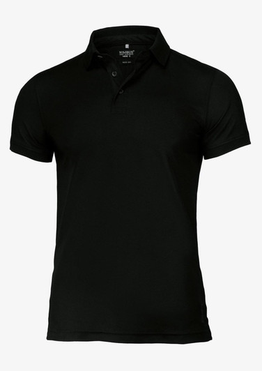 A black polo shirt featuring a collar and a logo. Suitable for various casual occasions.