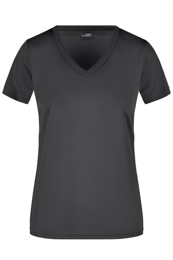 A black ladies’ t-shirt with a V-neck and short sleeves, featuring a logo.