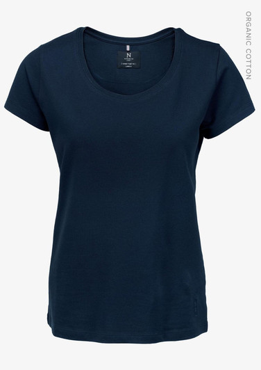 A navy blue women’s t-shirt with a round neck and short sleeves, featuring a logo on the tag.