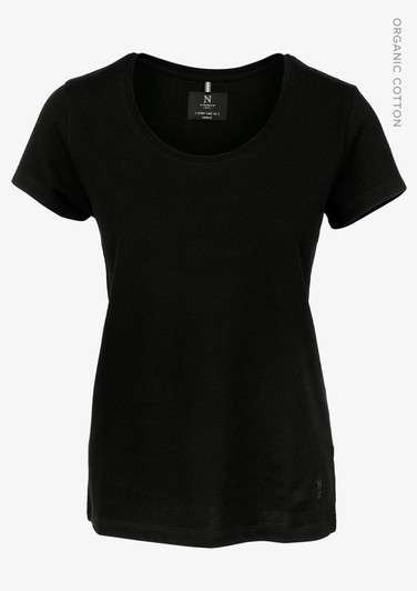 A black women's T-shirt with a round neckline and short sleeves, featuring a logo. Made from organic cotton.