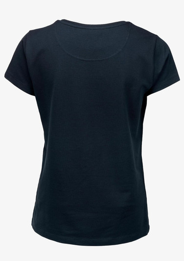 A navy blue women's T-shirt featuring a simple, classic design and short sleeves. It has a logo on the back.