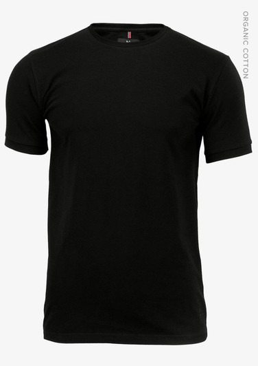 A black organic cotton T-shirt with short sleeves and a simple design. Features a logo on the neckline.