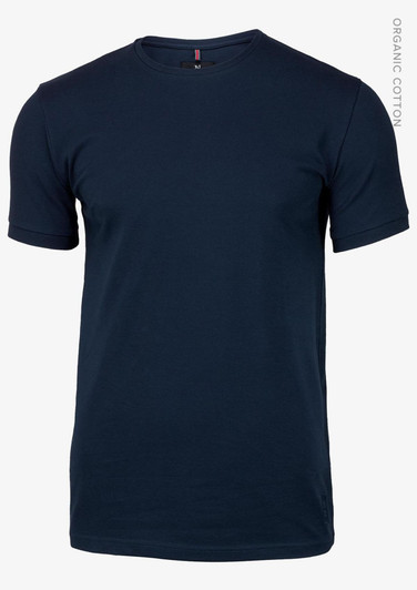 A navy blue t-shirt made from organic cotton, featuring a simple design and short sleeves. It has a small logo on the side.