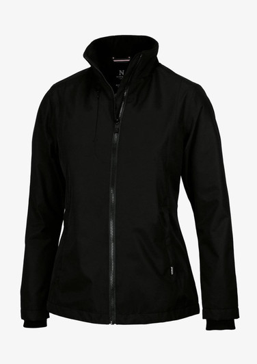 A black women's jacket with a high collar and zip closure, featuring a logo on the front.