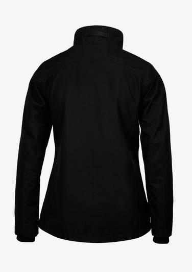 A black women's jacket with a high collar and a sleek, simple design. It features a logo on the back.