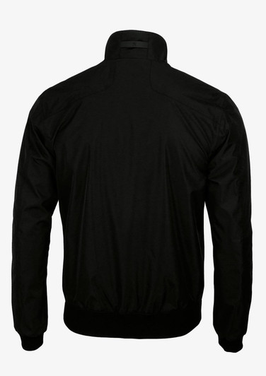 A black Davenport Men Jacket featuring a high collar and elastic cuffs, with a logo on the back.